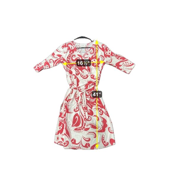 Trixie Red White Faux Wrap Dress Abstract Print 3/4 Sleeve Size L Made In USA - Picture 7 of 9